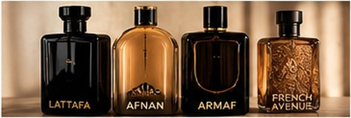 Perfumes de várias marcas árabes em composição editorial