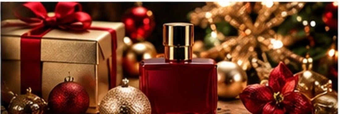 Perfume e presentes em cenário festivo de Natal