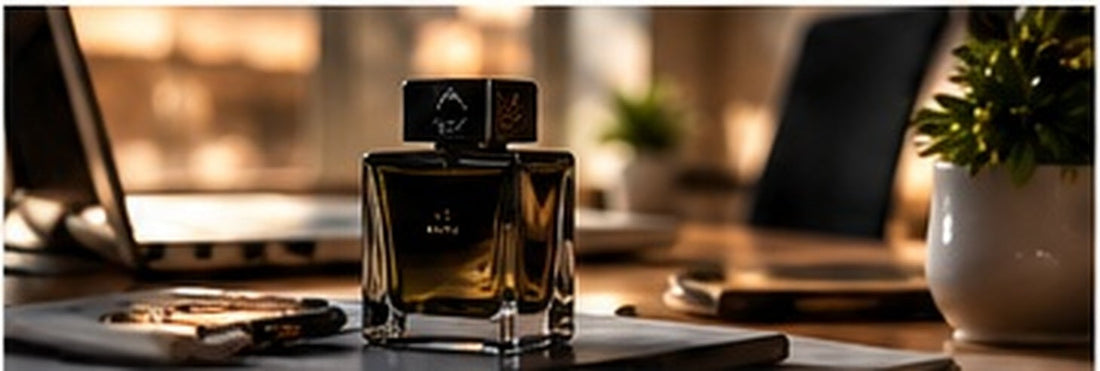 Perfume com secretária e luz quente