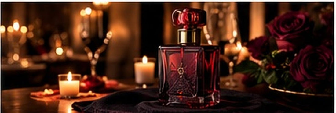 Perfume noturno com rosas, velas e luz ambiente