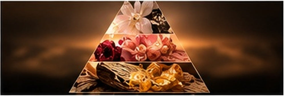 Pirâmide olfativa conceptual com notas florais, cítricas e amadeiradas